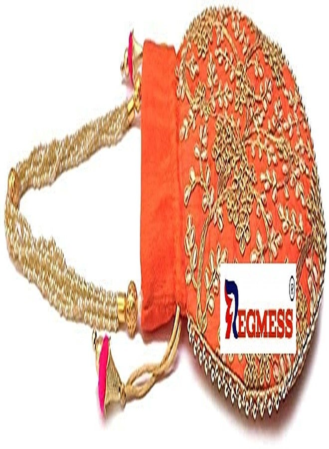 REGMESS Rajasthani Style Royal Clutch Silk Batwa Bag/Ethnic Potli Women's Potli/potli for Gift/potli for Women Party (Orange) - Image 3